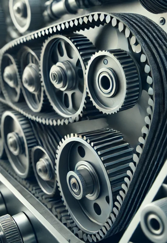 DALL·E 2025-02-27 17.23.45 - A detailed industrial image of rubber timing belts in action. The belts are installed on a mechanical system, showing their functionality and durabili